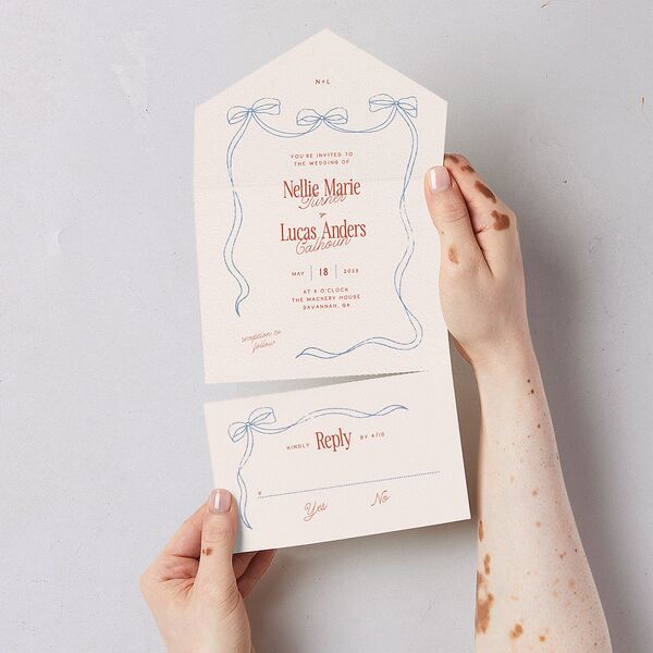 Modern Delicate Bows All-in-One Wedding Invitations Jewel Red Signature Light Both Recipient and Return Addresses No