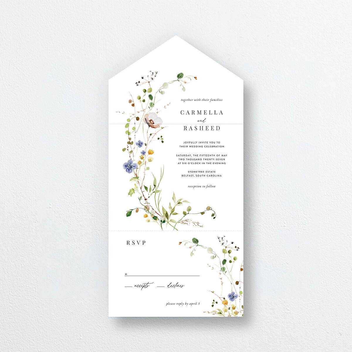 Delicate Wildflower All-in-One Wedding Invitations Pure White Signature Light Both Recipient and Return Addresses No