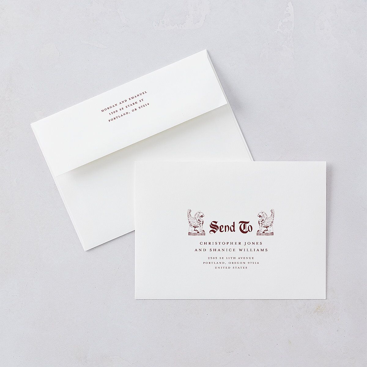Gothic Medieval Arch Wedding Invitation Envelopes White Burgundy Both Recipient and Return Addresses Standard Signature