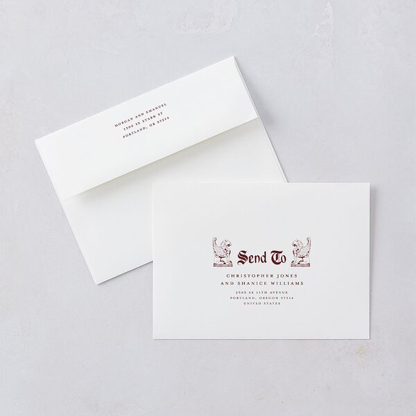 Gothic Medieval Arch Wedding Invitation Envelopes White Burgundy Both Recipient and Return Addresses Standard Signature