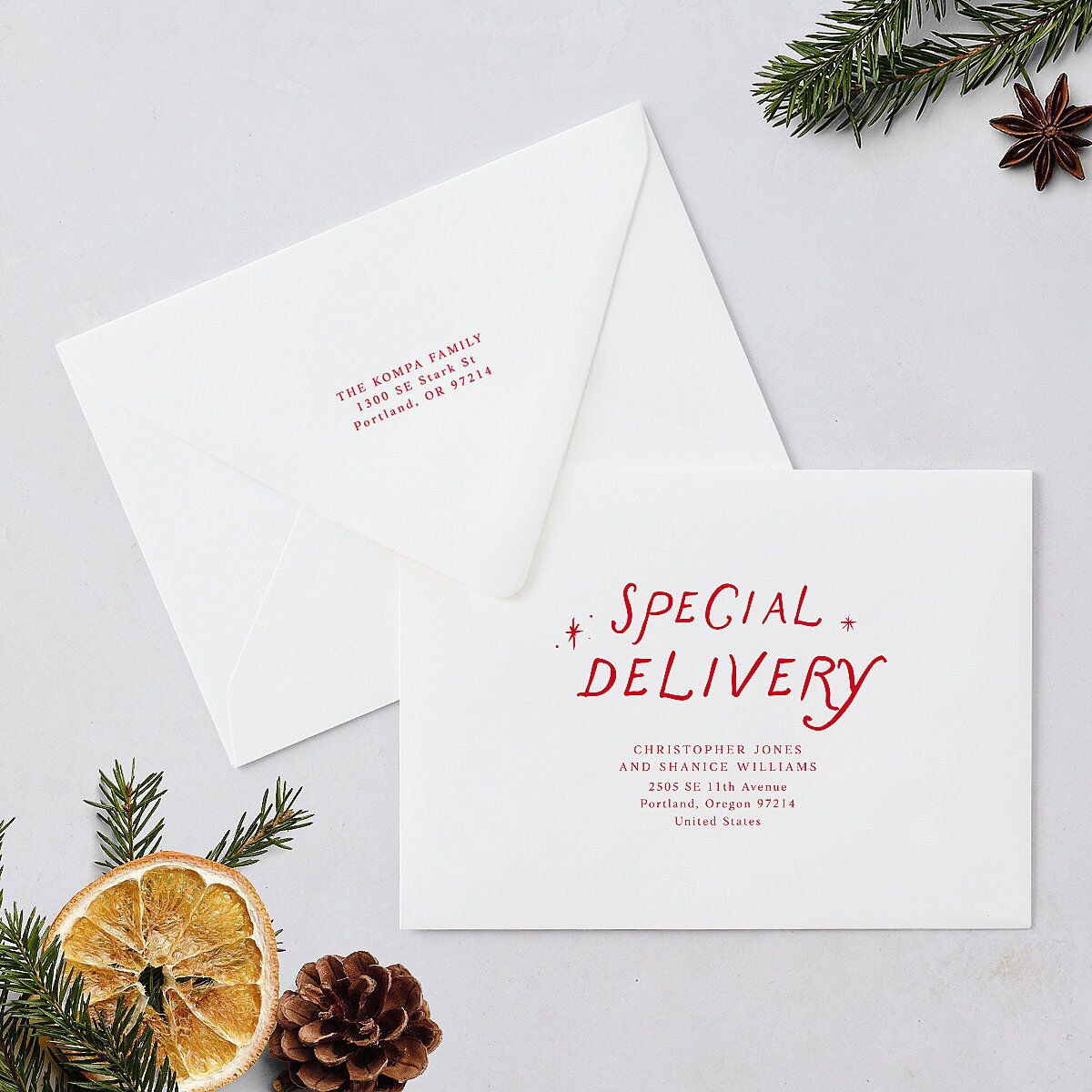 Whimsical Handwritten Home for the Holidays Photos Holiday Card Euro Envelopes White Ruby Both Recipient and Return Addresses Luxe Signature