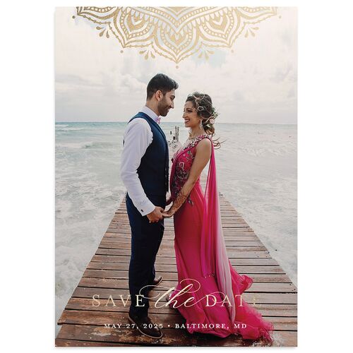 Indian Gilded Adornment Save The Date Cards Gold Royal Purple Signature smooth Blank No Standard