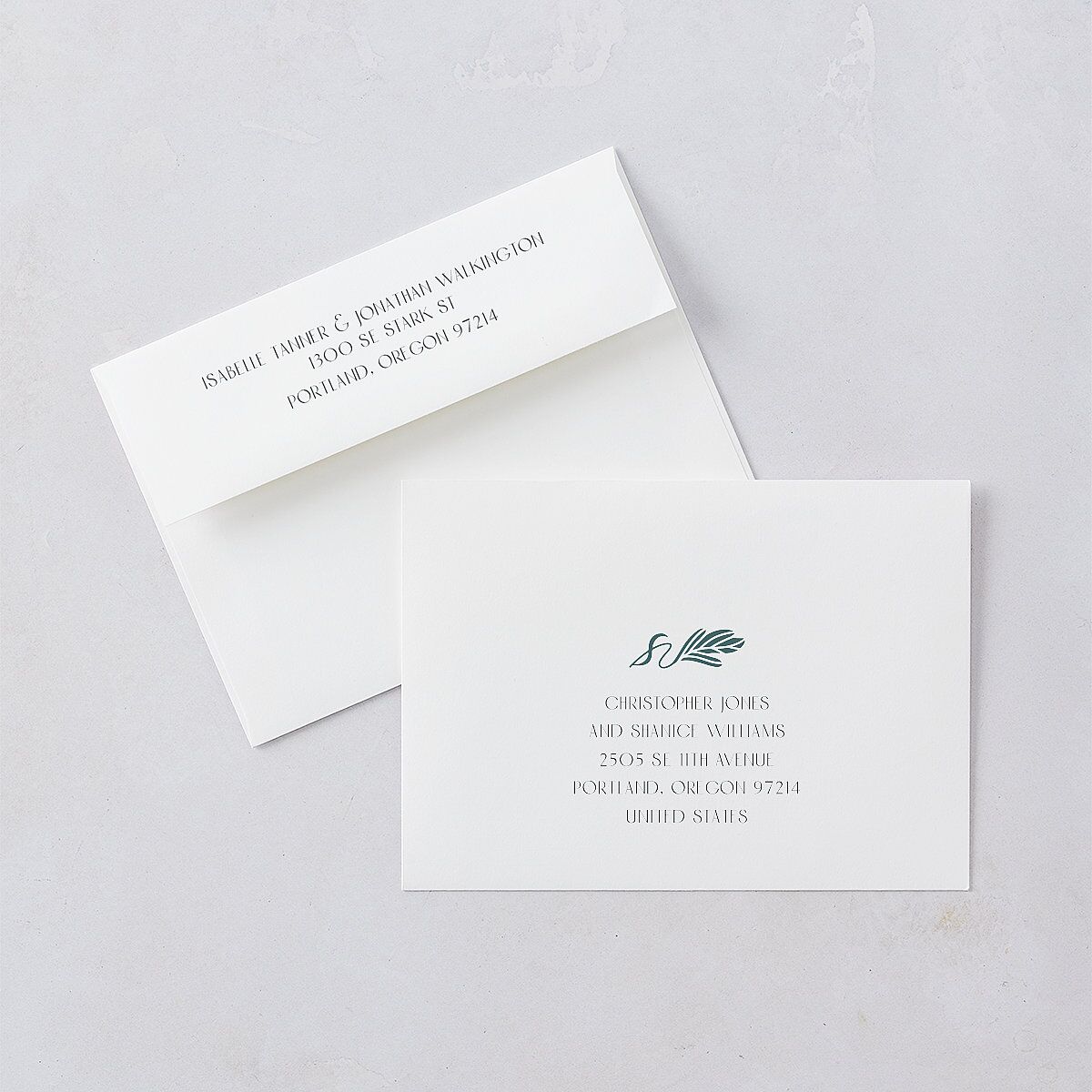 Elegant Nouveau Save The Date Card Envelopes White Dark Emerald Both Recipient and Return Addresses Signature Standard