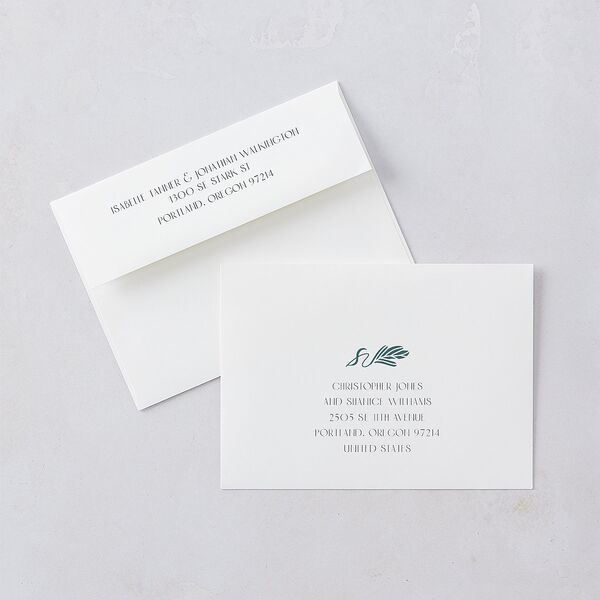 Elegant Nouveau Save The Date Card Envelopes White Dark Emerald Both Recipient and Return Addresses Signature Standard