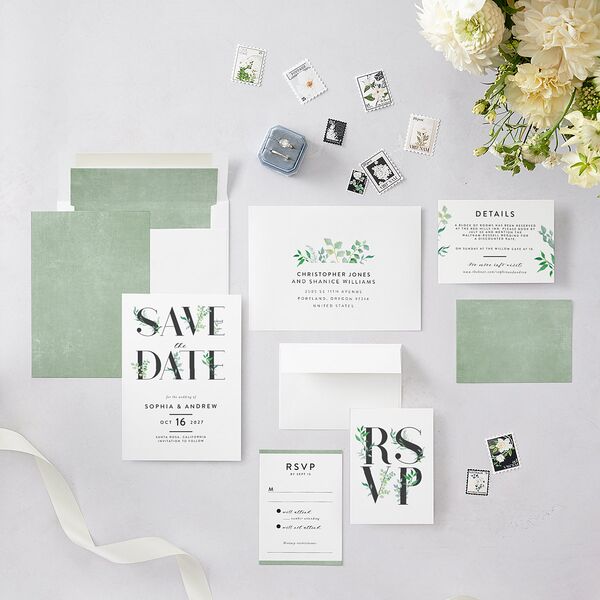 Leafy Ampersand Save The Date Cards Eucalyptus Signature smooth Blank No Standard