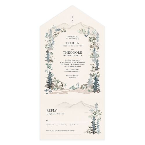 Elegant Mountain Border All-in-One Wedding Invitations Dusty Blue Signature Light Both Recipient and Return Addresses No