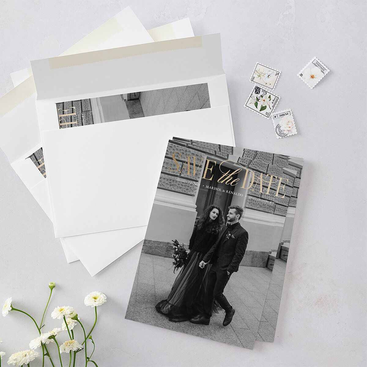 Polished Photo Foil Save the Date Cards Pure White Gold Signature smooth Blank Standard No