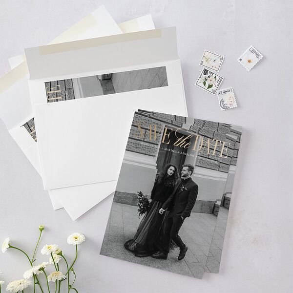Polished Photo Foil Save the Date Cards Pure White Gold Signature smooth Blank Standard No