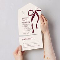 Whimsical Hand Drawn Bow All-in-One Wedding Invitations Burgundy Signature Light Both Recipient and Return Addresses No