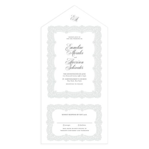 Elegant Lace All-in-One Wedding Invitations Silver Signature Light Both Recipient and Return Addresses No