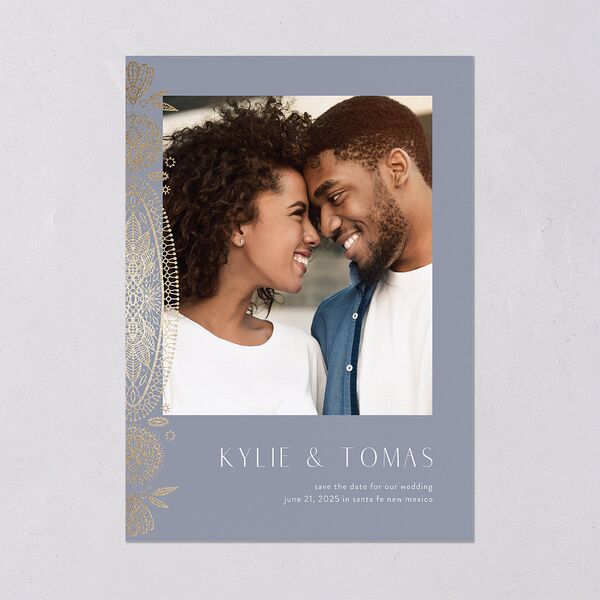 Santa Fe Save The Date Cards Gold Dusty Blue Signature smooth Blank No Standard