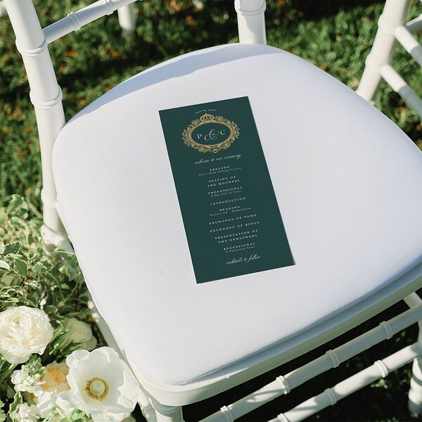 Glamorous Crown Monogram Crest Wedding Programs by Bridgerton Gold Deep Lake Signature