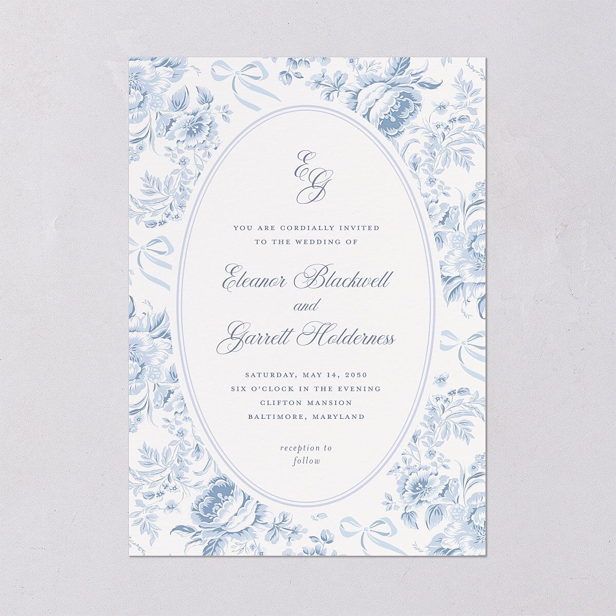 Vintage French Floral Toile Wedding Invitations Dusty Blue Signature Blank No Standard