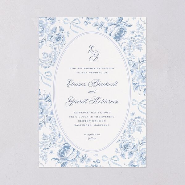 Vintage French Floral Toile Wedding Invitations Dusty Blue Signature Blank No Standard