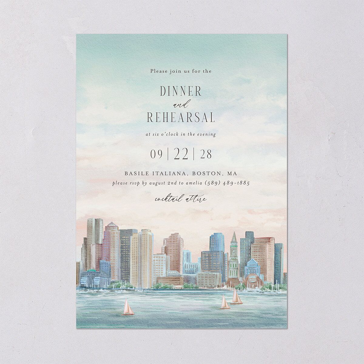 Boston Skyline Rehearsal Dinner Invitations Champagne Signature Blank