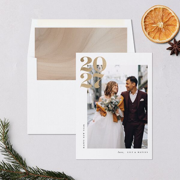 Bold Year Holiday Cards Gold Pure White Signature Blank Standard Portrait