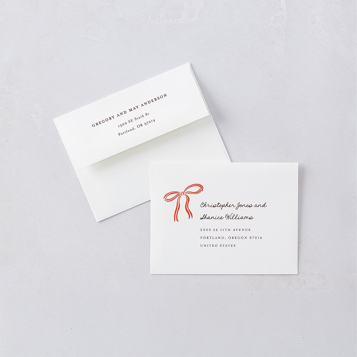 Striped Bow Photo Thank You Card Envelopes White Ruby Both Recipient and Return Addresses Signature Standard