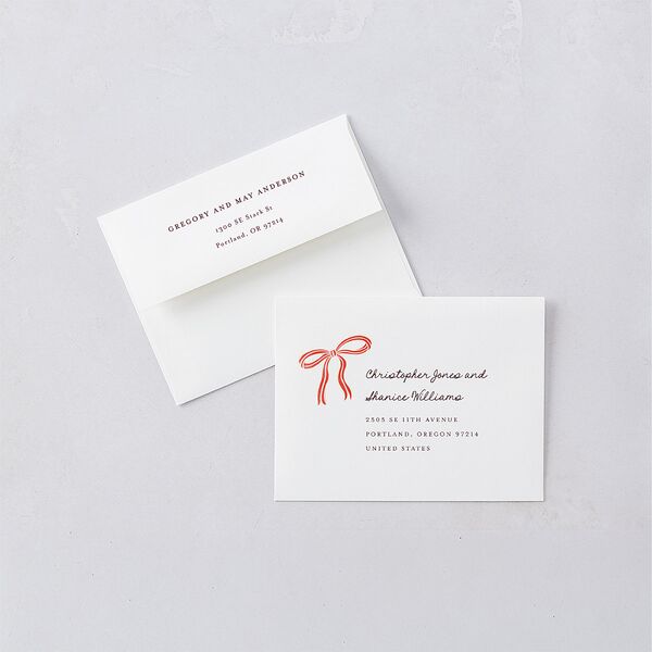 Striped Bow Photo Thank You Card Envelopes White Ruby Both Recipient and Return Addresses Signature Standard