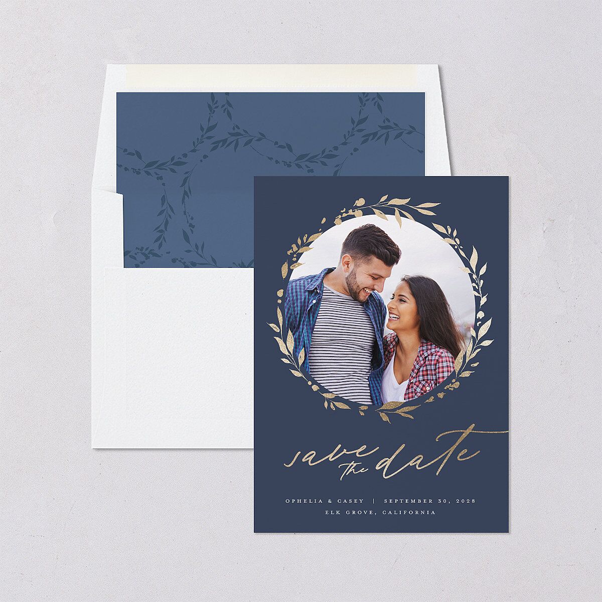 Stefana Crowns Save the Date Cards Gold Moody Blue Signature smooth Blank No Standard