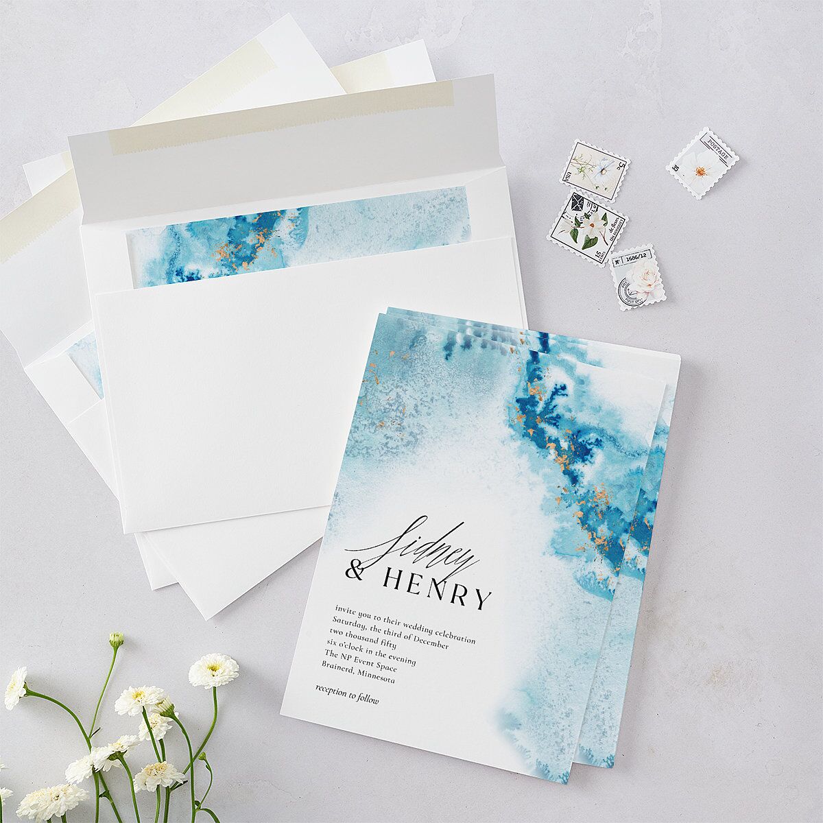 Painted Ethereal Wedding Invitations Aquamarine Signature Blank No