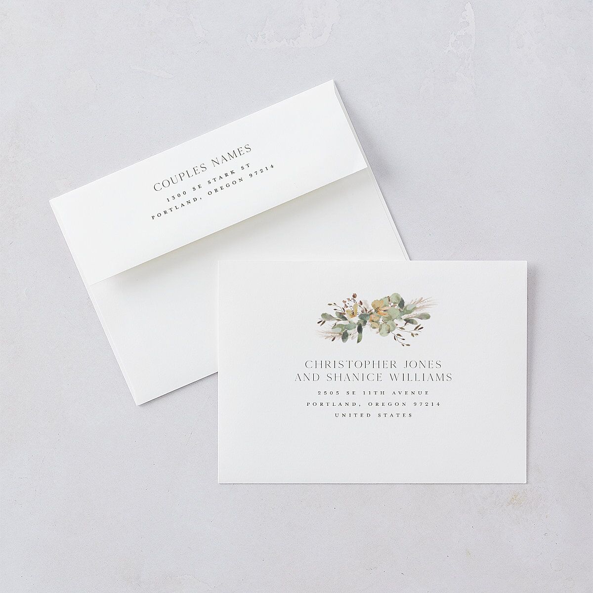 Eucalyptus Edges Save The Date Card Envelopes White Standard Pure White Both Recipient and Return Addresses Signature