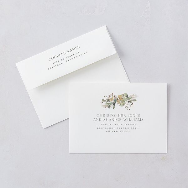 Eucalyptus Edges Save The Date Card Envelopes White Standard Pure White Both Recipient and Return Addresses Signature