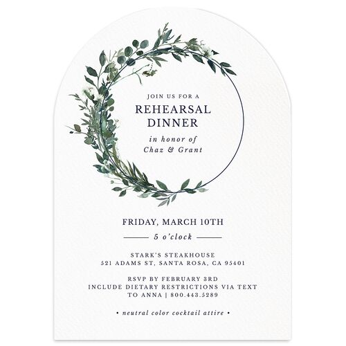 Leafy Hoops Rehearsal Dinner Invitations Navy Signature Blank Arch