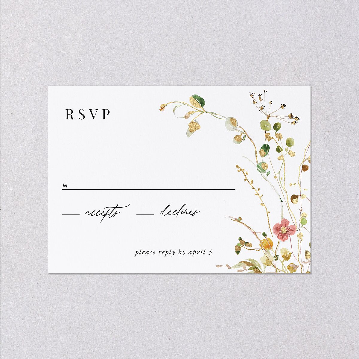 Glistening Wildflower Foil Wedding Response Cards Gold Soft Peach Signature Standard