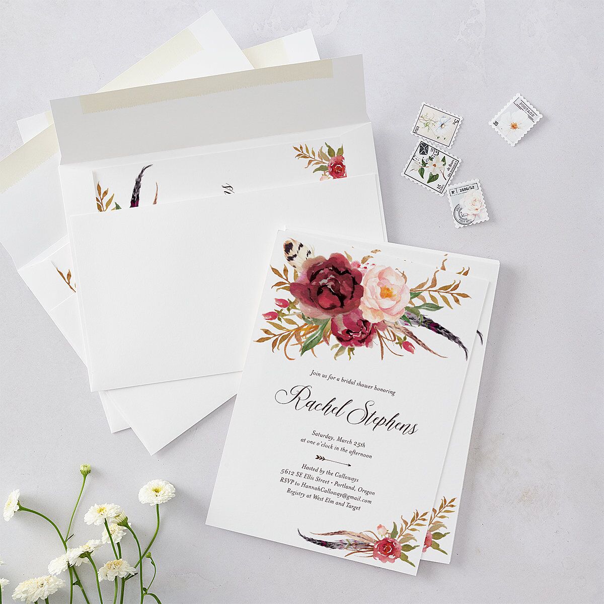 Bohemian Floral Bridal Shower Invitations Merlot Signature Blank Standard