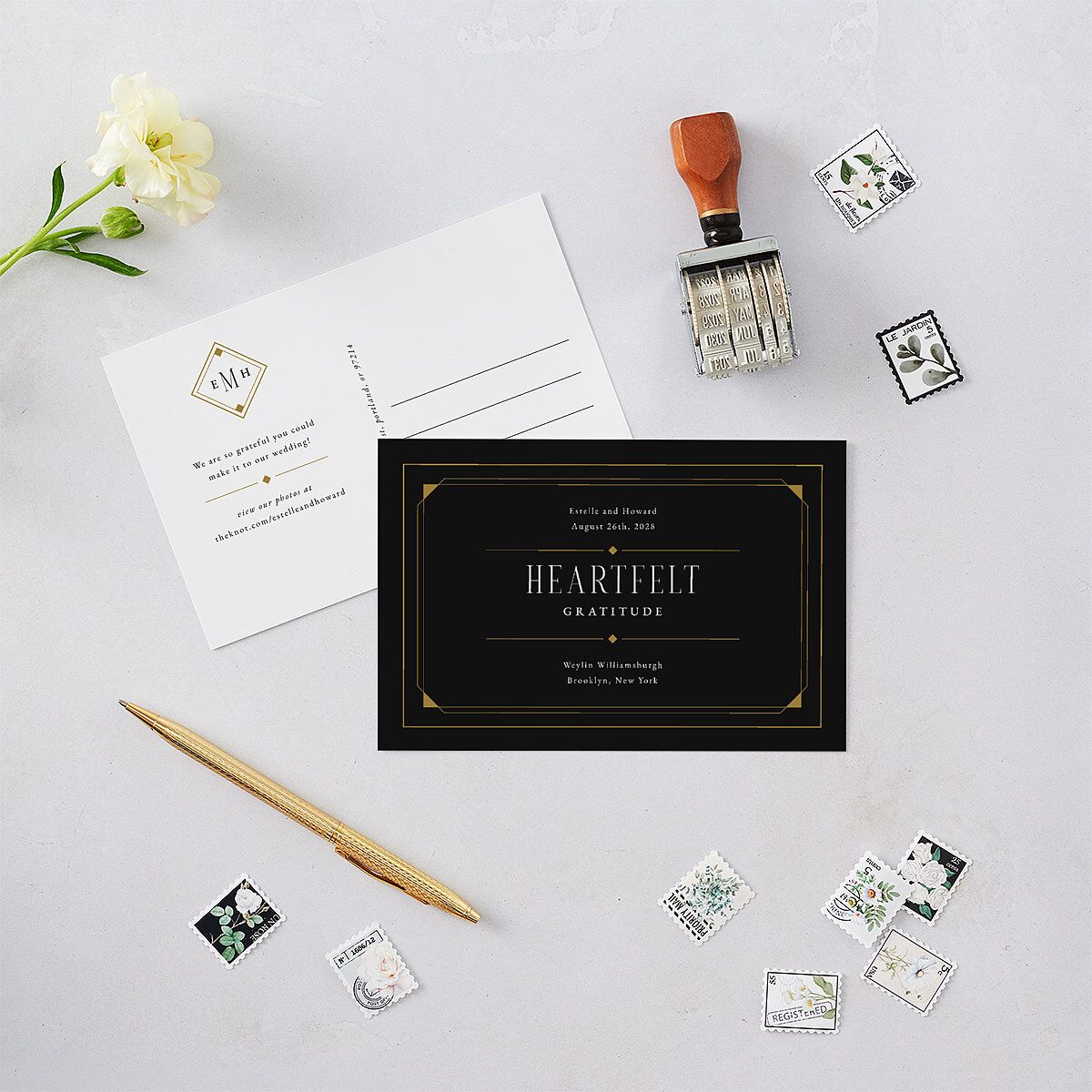 Old Hollywood Glam Thank You Postcards Charcoal