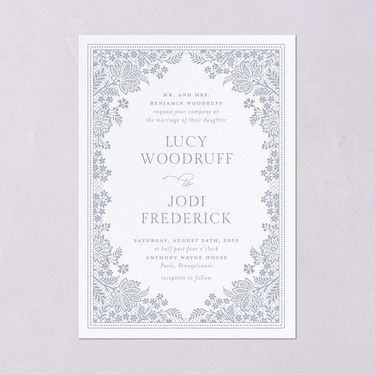 Floral Lace Wedding Invitations Dusty Blue Signature Blank No Standard