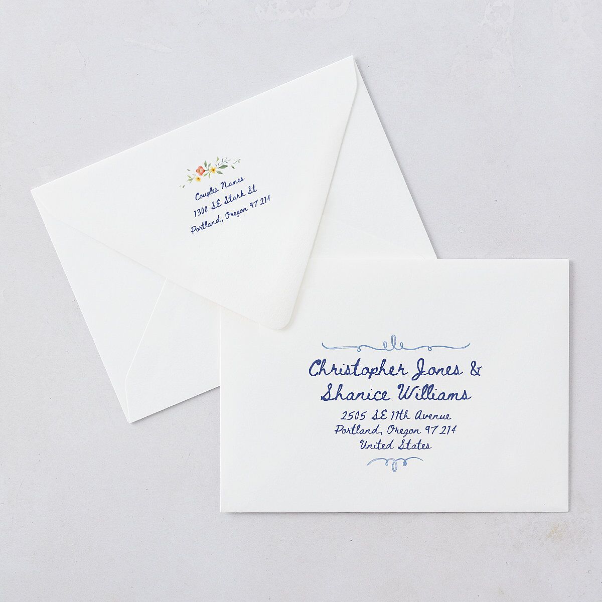 Countryside Crest Save The Date Card Euro Envelopes White Luxe Royal Blue Both Recipient and Return Addresses Signature