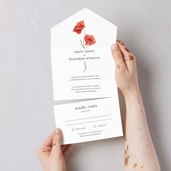 Wild Poppies All-in-One Wedding Invitations Pure White Signature Light Both Recipient and Return Addresses No