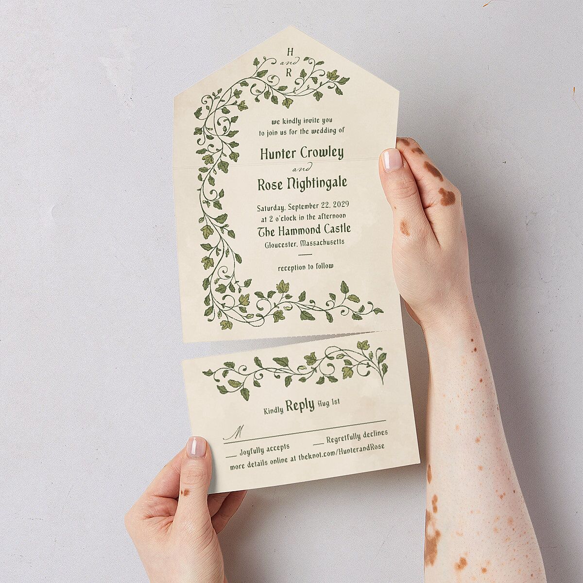 Vintage Fantasy Vines All-in-One Wedding Invitations Olive Signature Light Both Recipient and Return Addresses No