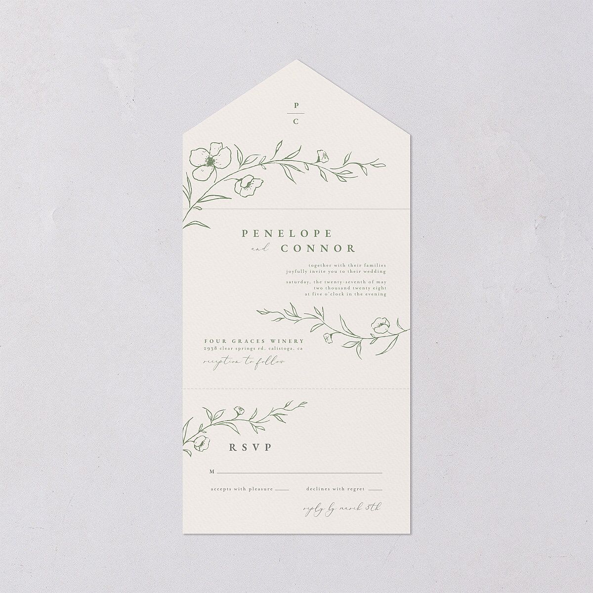 Graceful Botanical Foil All-in-One Wedding Invitations Greenery Signature Light Both Recipient and Return Addresses No