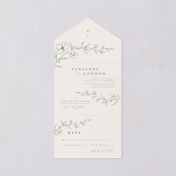 Graceful Botanical Foil All-in-One Wedding Invitations Greenery Signature Light Both Recipient and Return Addresses No