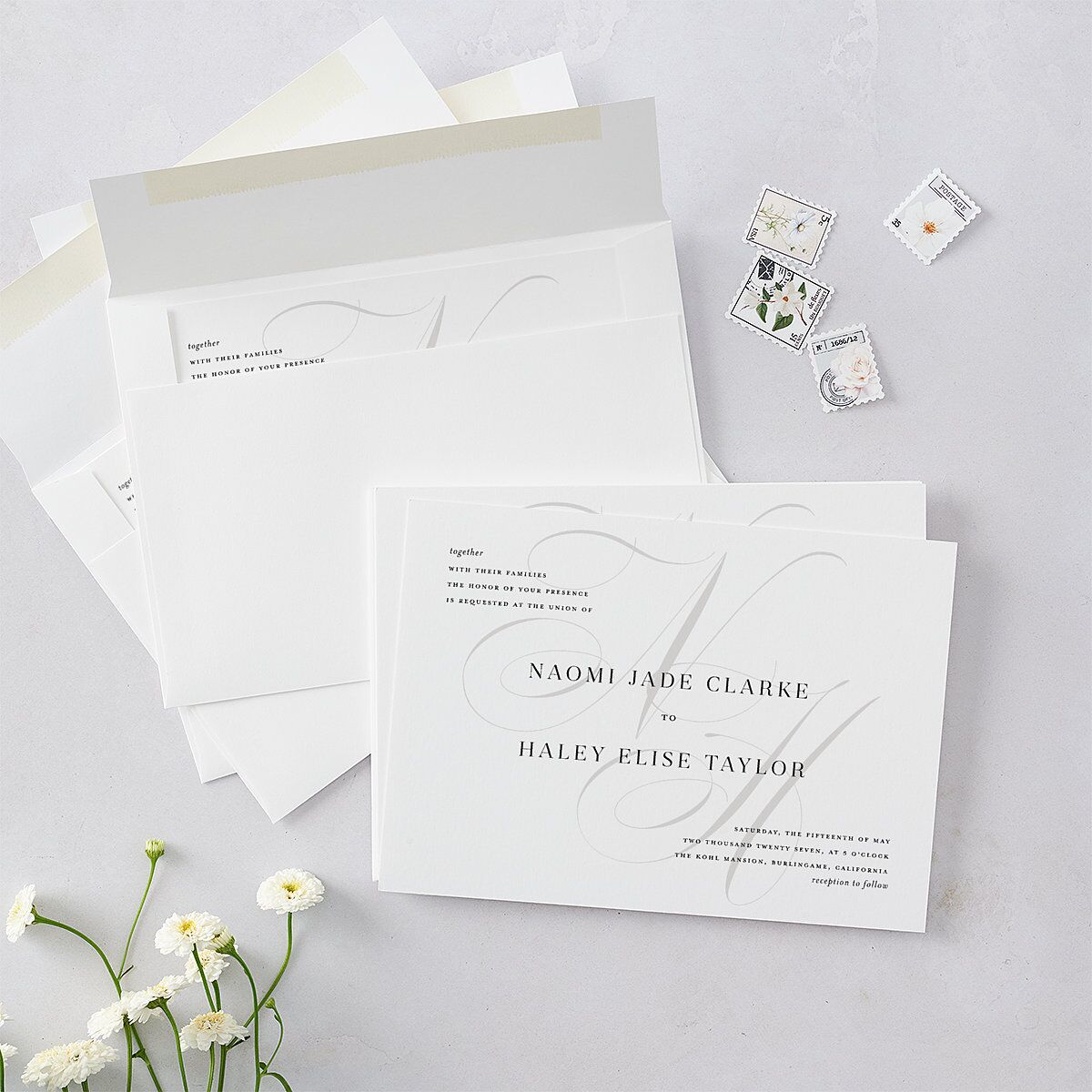 Elegant Monogram Wedding Invitations Pure White Signature Blank No Standard