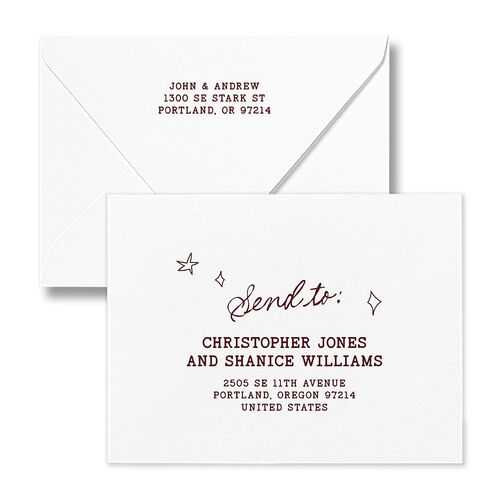 Hand Drawn Starry Christmas Photo Thank You Card Euro Envelopes White Burgundy Both Recipient and Return Addresses Luxe Signature