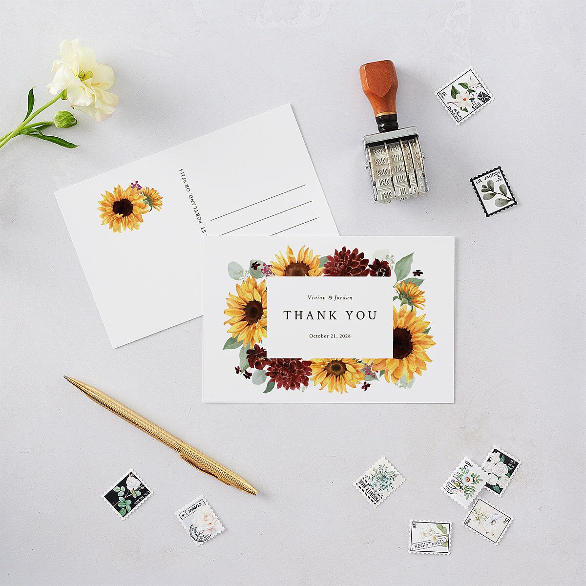 Classic Countryside Sunflowers Thank You Postcards Burgundy