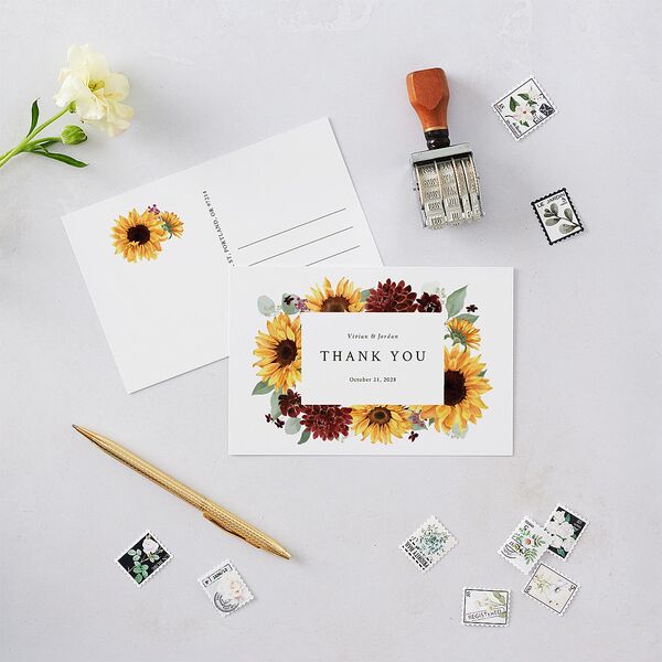 Classic Countryside Sunflowers Thank You Postcards Burgundy