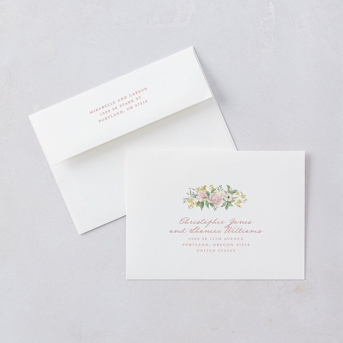 Maximalist Floral Crest Wedding Invitation Envelopes White Pink Cotton Both Recipient and Return Addresses Standard Signature