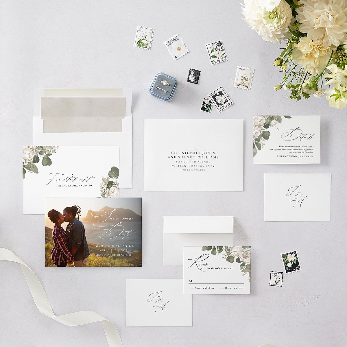 Romantic Roses Save The Date Cards Off-White Signature smooth Blank No Standard