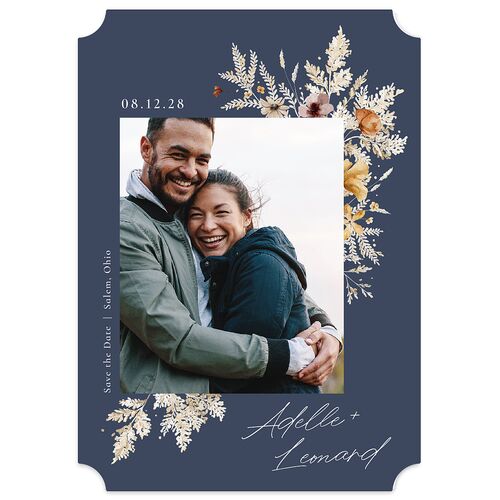 Dried Blooms Save the Date Cards Gold Moody Blue Signature smooth Blank No Ticket