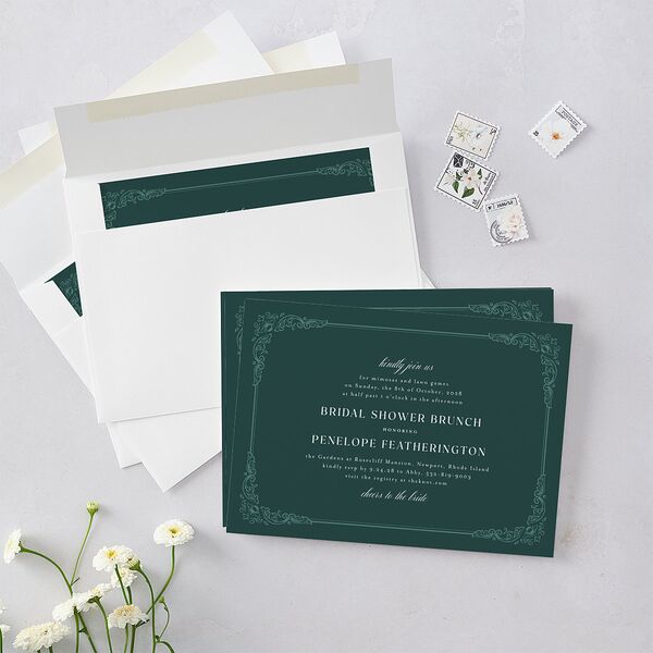 Glamorous Crown Monogram Crest Bridal Shower Invitations by Bridgerton Deep Lake Signature Blank Standard