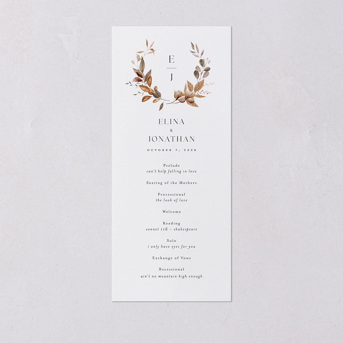 Leafy Rustic Monogram Wedding Programs Cotton Signature