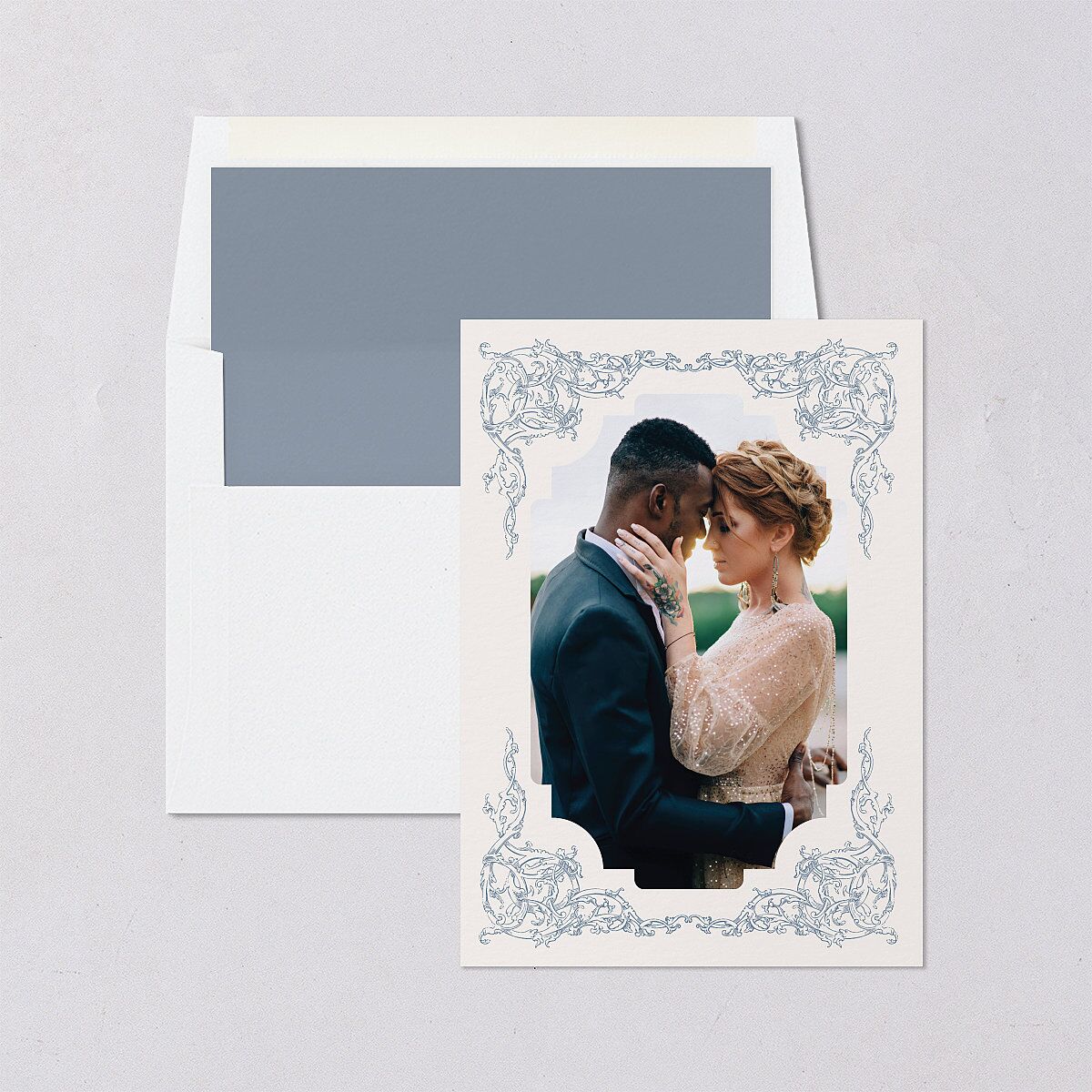 Romantic Rococo Save The Date Cards Dusty Blue Signature smooth Blank No Standard