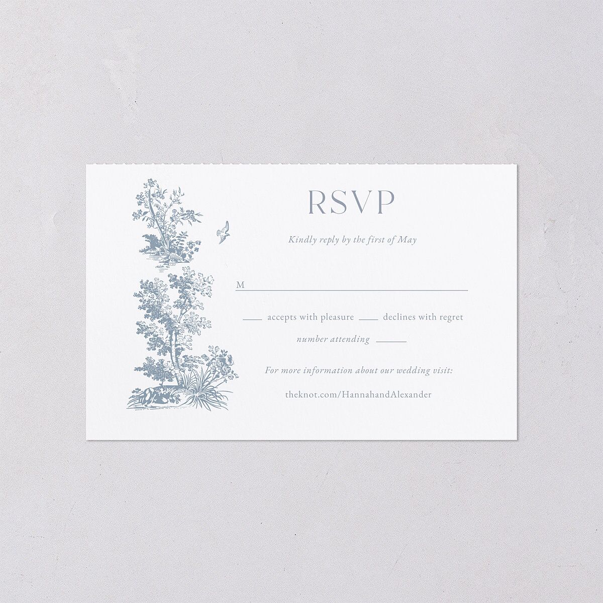 Dusty Blue Regency Toile All-in-One Wedding Invitations Dusty Blue Signature Light Both Recipient and Return Addresses No
