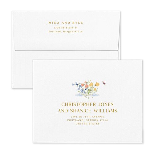 Fairytale Wildflower Crest Save the Date Petite Card Envelopes White Daffodil Both Recipient and Return Addresses Signature Standard