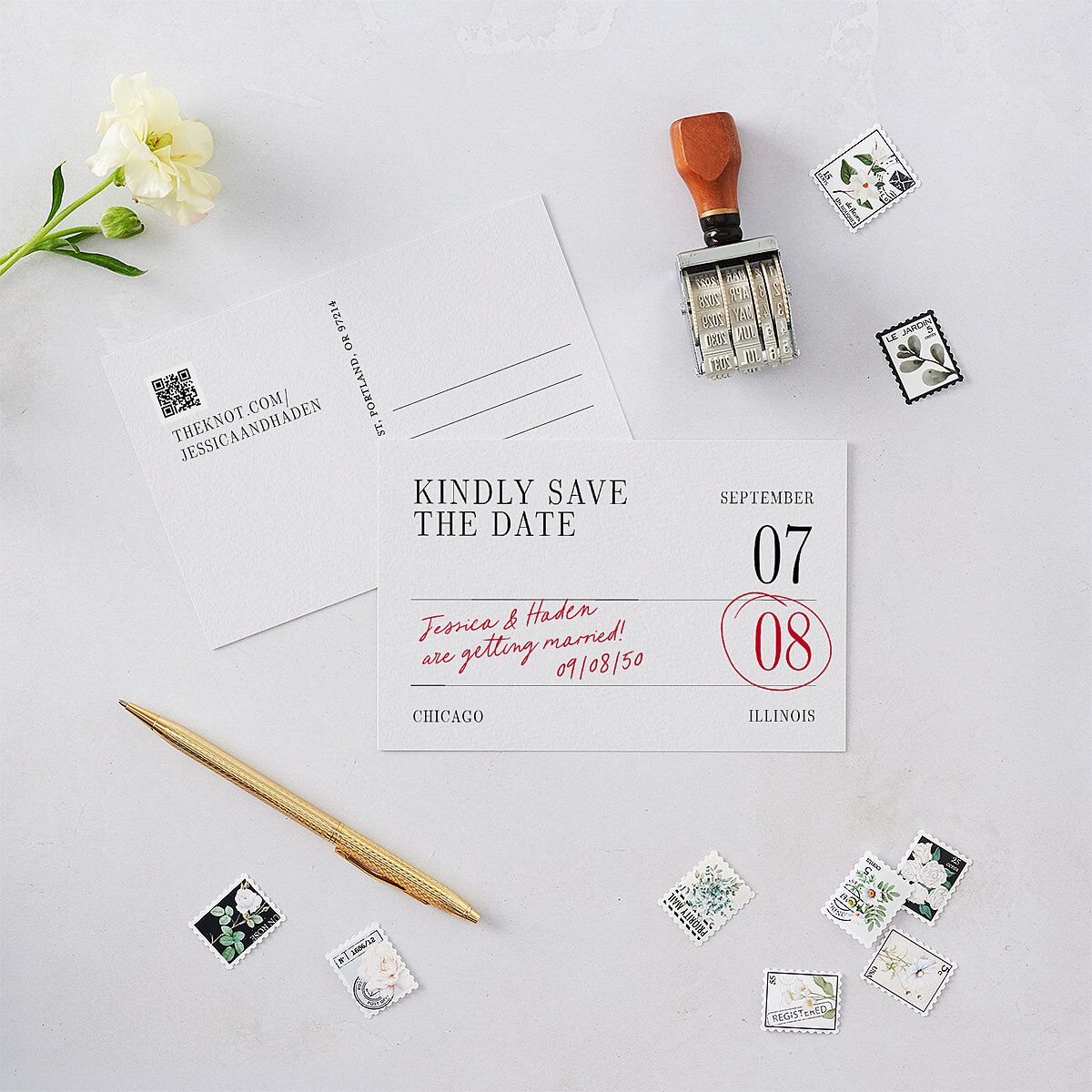 Modern Circled Calendar Date Save the Date Postcards Jewel Red