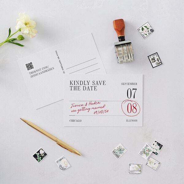 Modern Circled Calendar Date Save the Date Postcards Jewel Red